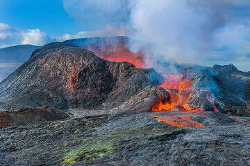 Volcanic crater on Reykjanes peninsula in Iceland after eruption. little lava flows from volcanic...