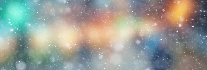 colorful background snow snowfall evening christmas lights, soft light blurry