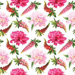 watercolor seamless pattern with summer flowers - colorful peonies in botanical style