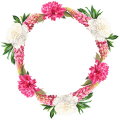 watercolor illustration with summer flowers - colorful peonies in botanical style