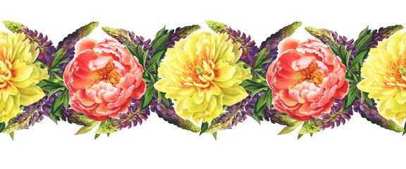 watercolor seamless border with summer flowers - colorful peonies in botanical style