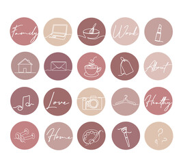 One line instagram lifestyle highlight icon set. Hand drawn neutral story covers for social media