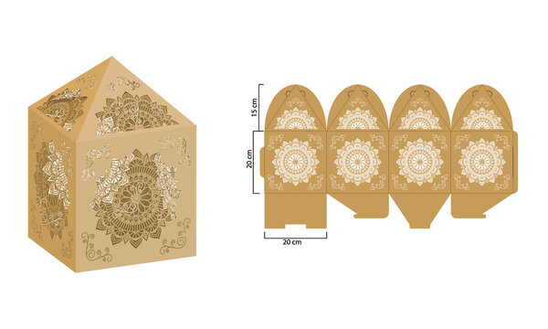Mandala patterned box template. Ethnic decorative elements. Box template. Gift box digital template vector. Pattern vector files for laser cut. Gift box template.