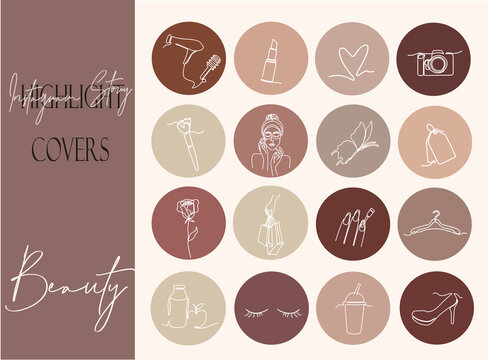 One line instagram beauty highlight icon set. Hand drawn story covers for social media