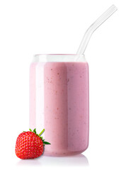strawberry smoothie in glass jar isolated on white