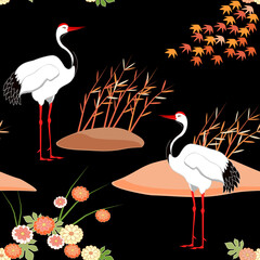 Seamless pattern with birds. Crane. Heron. Japanese pattern. Ornament with oriental motifs. Vector.