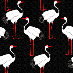 Seamless pattern with birds. Crane. Heron. Japanese pattern. Ornament with oriental motifs. Vector.
