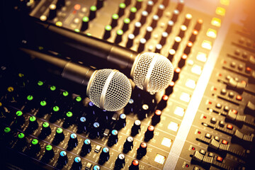 Close-up microphone and sound mixer in studio for sound record control system and audio equipment and music instrument