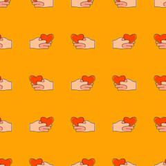 Line art seamless pattern with human hand hold of a red heart on color background. Romance graphic texture. Holiday celebration decorative print. Personal relationship. Black contour line