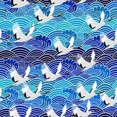 Cranes and waves. Seamless pattern. Vector.