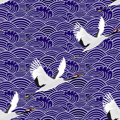 Fototapeta premium Cranes and waves. Seamless pattern. Vector.