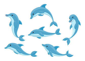 Cute cartoon dolphin collection. Flat vector illustration set of realistic dolphins jumping, swimming, smiling. Happy funny dolphins  in various poses isolated on white. - obrazy, fototapety, plakaty