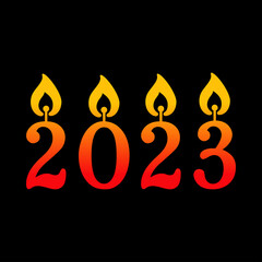 Banner con año nuevo 2023. Logo con cifras con forma de vela de cumpleaños. Vector en color rojo y fondo negro