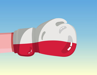 Fototapeta premium Flag of Poland on boxing glove. Confrontation between countries with competitive power. Offensive attitude. Separation of power. Template ready design.