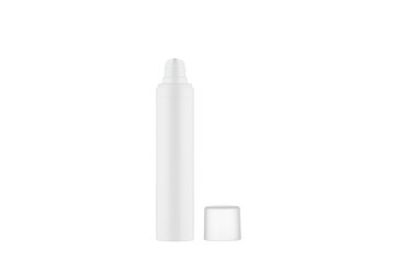White cosmetic bottle with dispenser on white background.
Cream Bottle with transparent lid, isolated on white background.