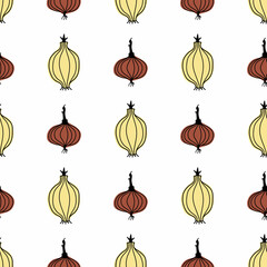 Seamless hand drawn vegetable pattern with onions. Vector doodle print for textile. Healthy food background.