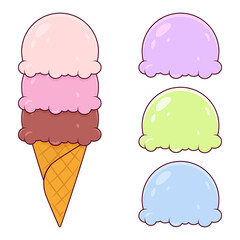 Colored ice cream cone set on white background