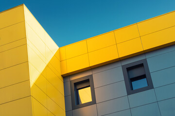 Urban Contemporary architecture on a clear day. Close up of a multicolored office building in the...