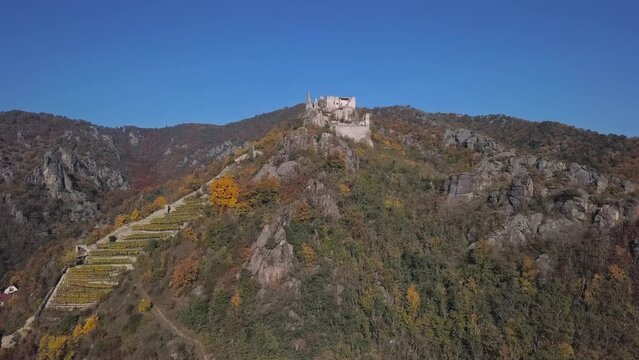 Aerial of Durnstein castle, Wachau valley, Austria.