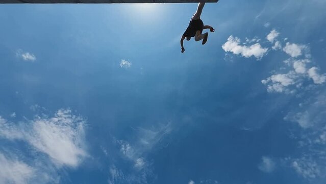 Man jumps into the water on a summer sunny day