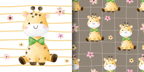 Draw greeting card and print pattern cute giraffe for fabric textiles kids © anchalee
