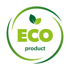 Eco product sticker, label, badge and logo. Ecology icon. Logo template with green leaves for eco friendly products. Vector illustration. 