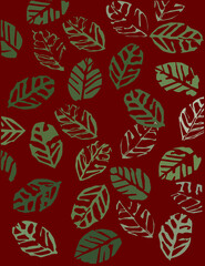 Pattern with leaves. Leaf print. Vector illustrator. Red background