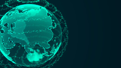 Virtual planet Earth with data connection network. Technological digital globe world background. Abstract sphere with particles and lines. Security artificial intelligence of the planet. 3D rendering.