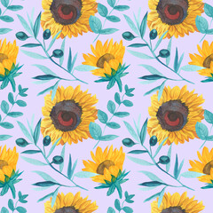 Fototapeta na wymiar Watercolor seamless pattern with yellow sunflowers and turquoise eucalyptus on a lilac background. Repeating, bridal,textural hand painted print. Design for textiles, fabric, wrapping paper, printing.