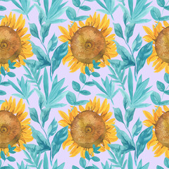 Naklejka na ściany i meble Watercolor seamless pattern with yellow sunflowers and turquoise eucalyptus on a lilac background. Repeating, bridal,textural hand painted print. Design for textiles, fabric, wrapping paper, printing.