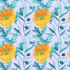 Watercolor seamless pattern with yellow sunflowers and turquoise eucalyptus on a lilac background. Repeating, bridal,textural hand painted print. Design for textiles, fabric, wrapping paper, printing.