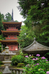 滋賀県近江八幡市「姨綺耶山 長命寺」の三重塔と紫陽花が咲く境内風景
