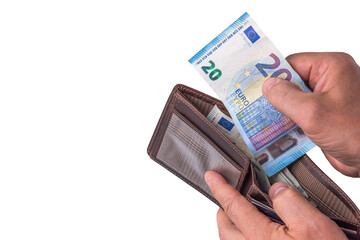 Close up of man's hands taking out twenty euro bill from wallet, isolated on white background....