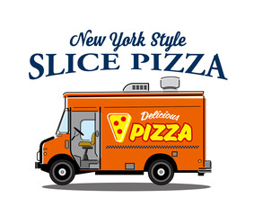 ニューヨークスタイルのスライスピザ。移動式のフードトラックイラストレーション。