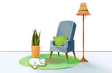Living room interior. cartoon collection of furniture for house, carpet, floor lamp and spring plants isolated on white background