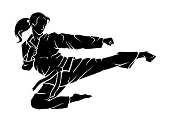 Female Flying Kick, Karate or Taekwondo Contact Sport Silhouette