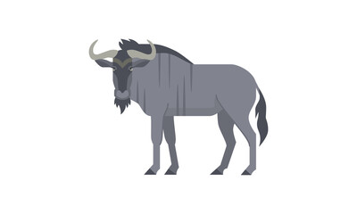 Blue wildebeest (Connochaetes taurinus) african native wild animal, flat style vector illustration isolated on white background