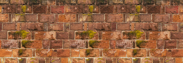 stone wall of red bricks covered with moss, part of the old pavement of the city