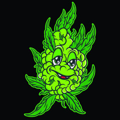 Cannabis Marijuana bud character, Happy green mascot vector, Colorful Cute funny cartoon Weed Bud, Medical marijuana drug vector illustration, Suitable for Clip Art, Logo, Sticker, t-shirt Design,