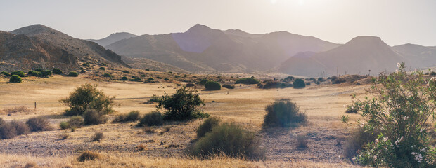 Panoramic view of the mountains in the desertic landscape of Cabo de Gata national park, Spain