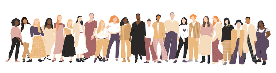 Women of different ethnicities stand side by side together. Flat vector illustration.