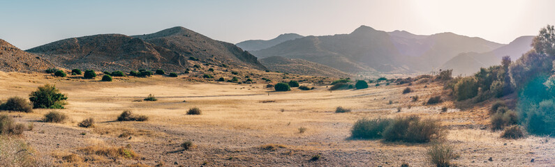 Fototapeta premium Panoramic view of the mountains in the desertic landscape of Cabo de Gata national park, Spain