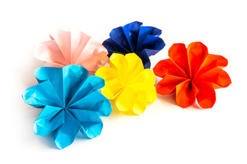 origami paper flowers on white background