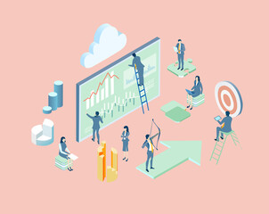 Isometric 3D business concept environment, Business people working in server room around big screen, technology, big data, computing, artificial intelligence, writing applications