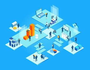 Isometric 3D business concept environment, Business people working in server room, technology, big data, computing, artificial intelligence, writing applications concept illustration