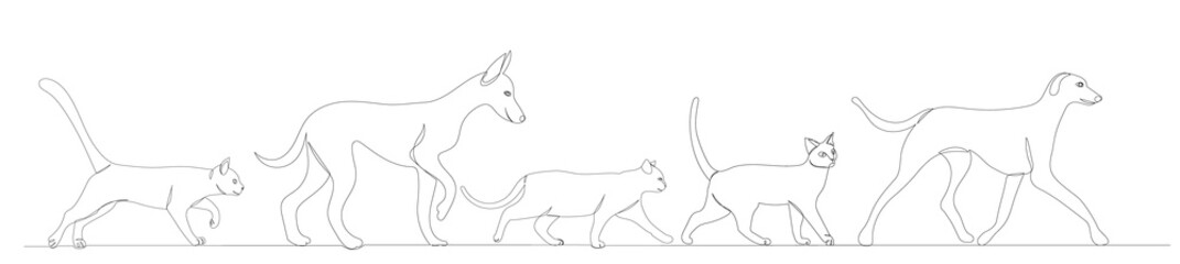 walking cat and dog drawing in one continuous line, isolated, vector