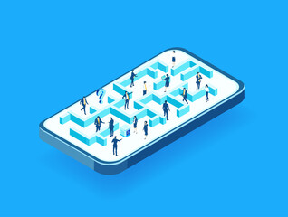 Business people working in labyrinth, work as team, find solution, make progress. business concept Isometric illustration