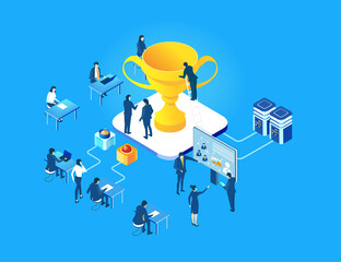 Isometric 3D business concept environment, Business people working in server room around the golden trophy, technology, big data, computing, artificial intelligence, writing applications