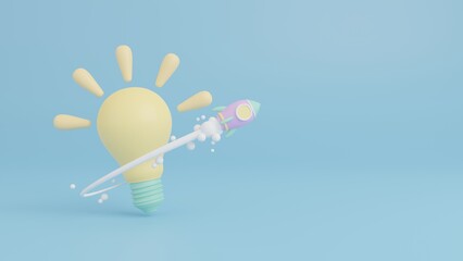 Business startup project, 3D Rocket launch on light bulb, Flying rocket icon on pastel blue background, 3d rendering illustration concept