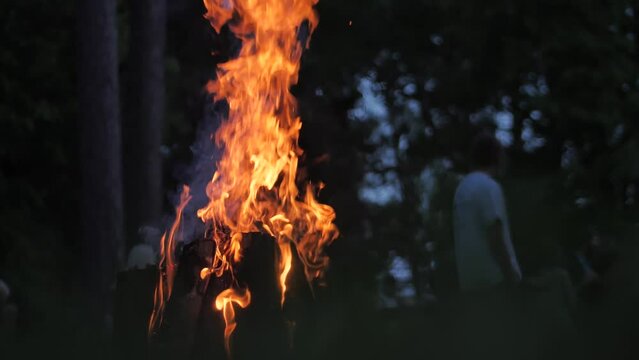 Pagan fire festival in Latvia Summer night Ligo. Cinematographic picture. Soft focus on subjects. Midsummer with a bonfire lit with wood